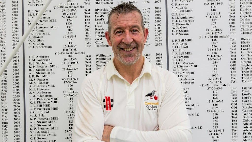 Nigel Martyn in front of the England honours board at Loughborough 