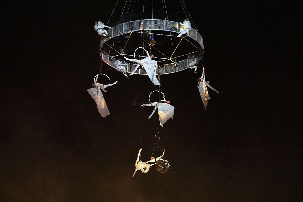 Trapeze artists perform at Glastonbury