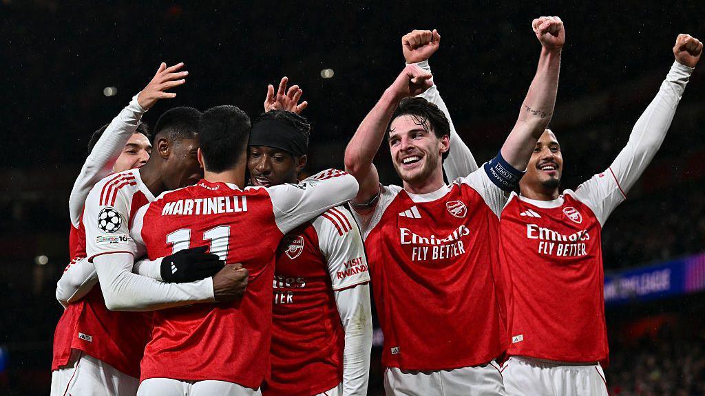 Arsenal's players celebrate during their victory over Bayern Munich