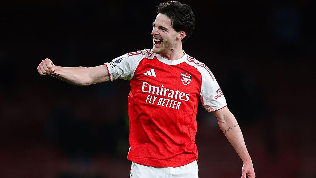 Arsenal's Declan Rice celebrates during the Premier League win over Tottenham Hotspur