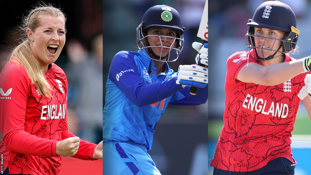 A split graphic of Sophie Ecclestone (left), Smriti Mandhana (centre) and Nat Sciver-Brunt (right)