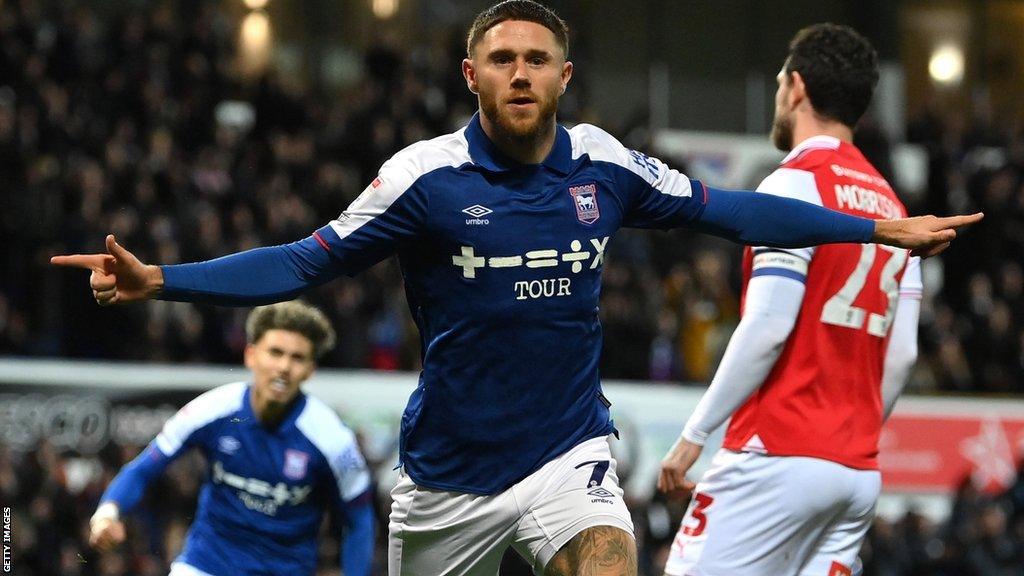 Wes Burns celebrates scoring for Ipswich