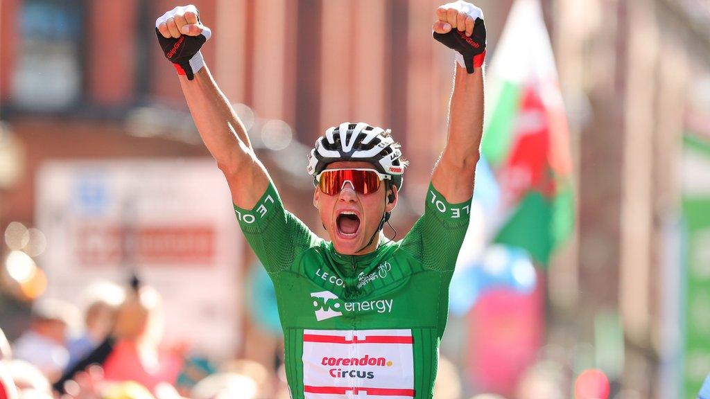 Mathieu van der Poel celebrates after crossing the line on the final stage of the Tour of Britain