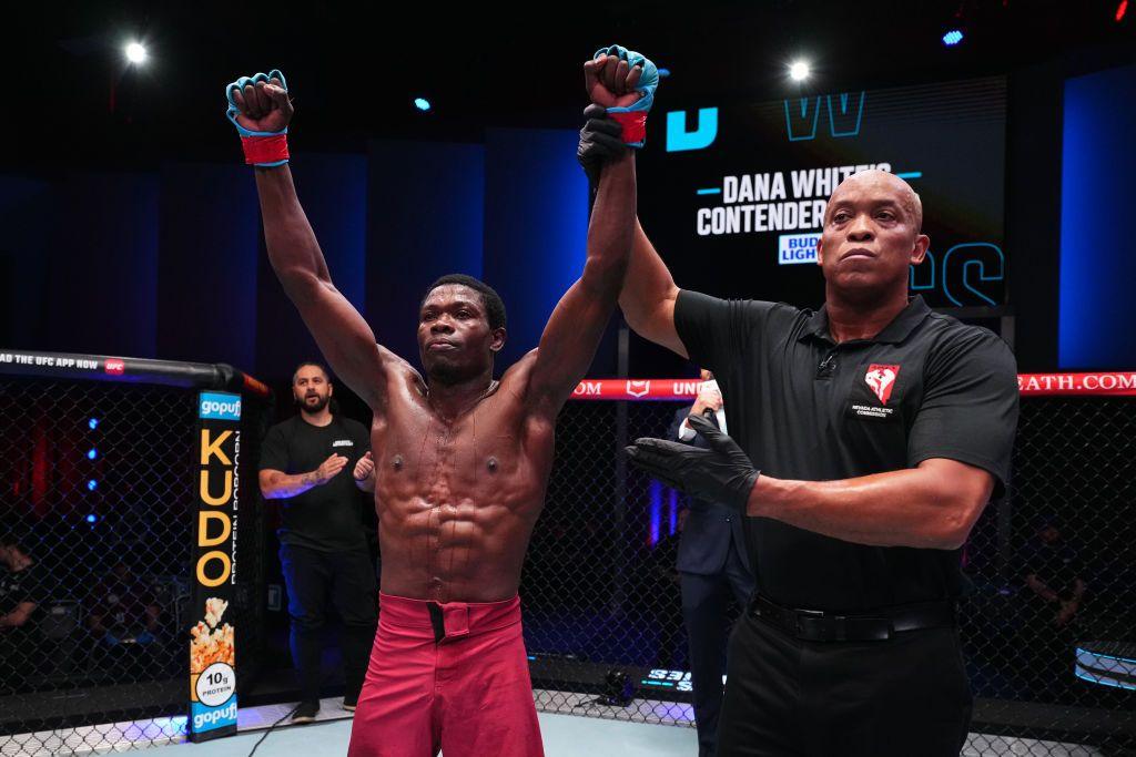 Josias Musasa of The Democratic Republic of Congo reacts after a split-decision victory against Otari Tanzilovi of Georgia in a bantamweight fight during Dana White's Contender series in Las Vegas, Nevada.