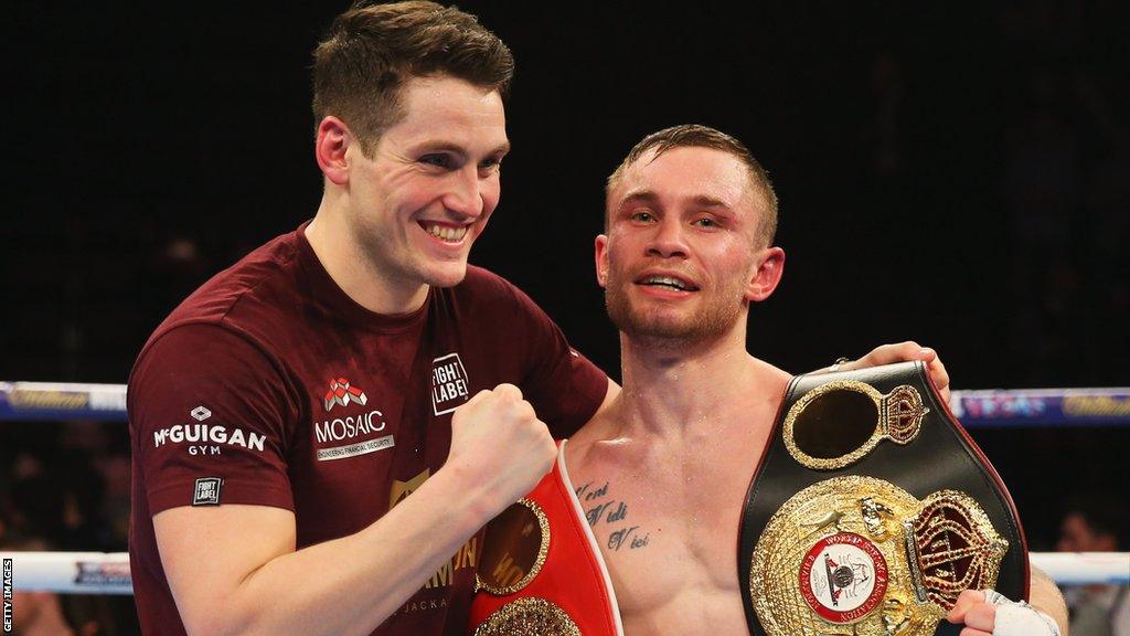 Shane McGuigan and Carl Frampton celebrating the win over Scott Quigg in 2016