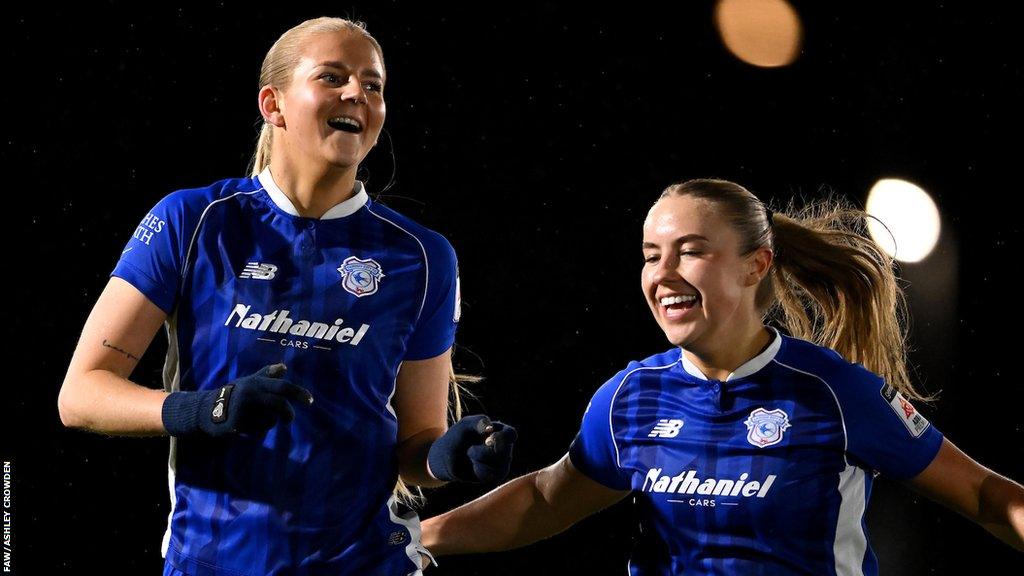 Rhianne Oakley celebrates after scoring for Cardiff