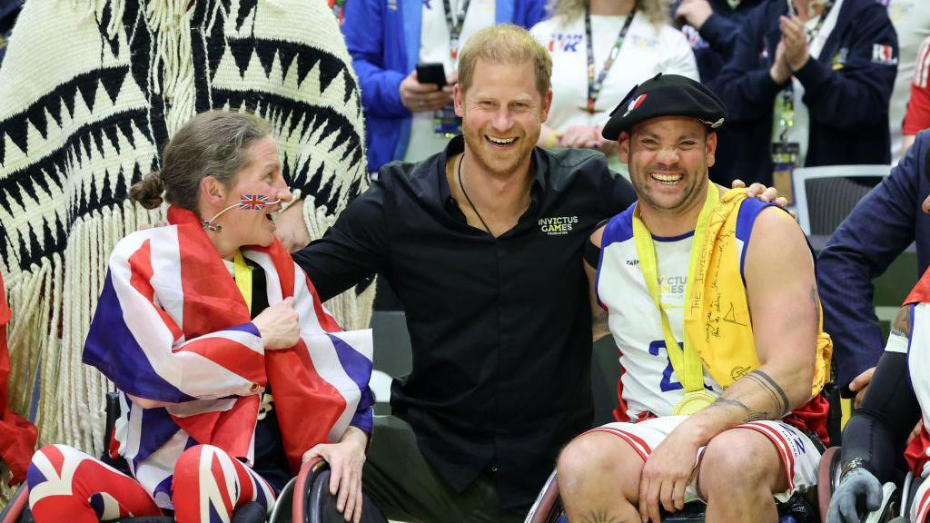 Prince Harry, Duke of Sussex seen at the Bronze & Gold Wheelchair Rugby Finals during Day 7 of the Invictus Games 2025 at the Vancouver Convention Centre on February 13, 2025 in Vancouver