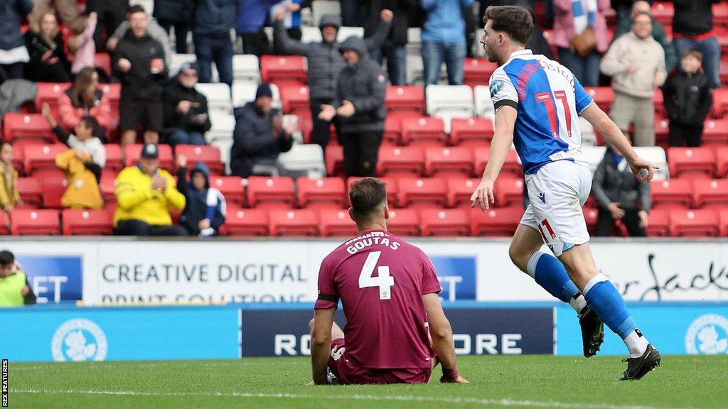 Joe Rankin-Costello celebrates scoring for Blackburn against Cardiff