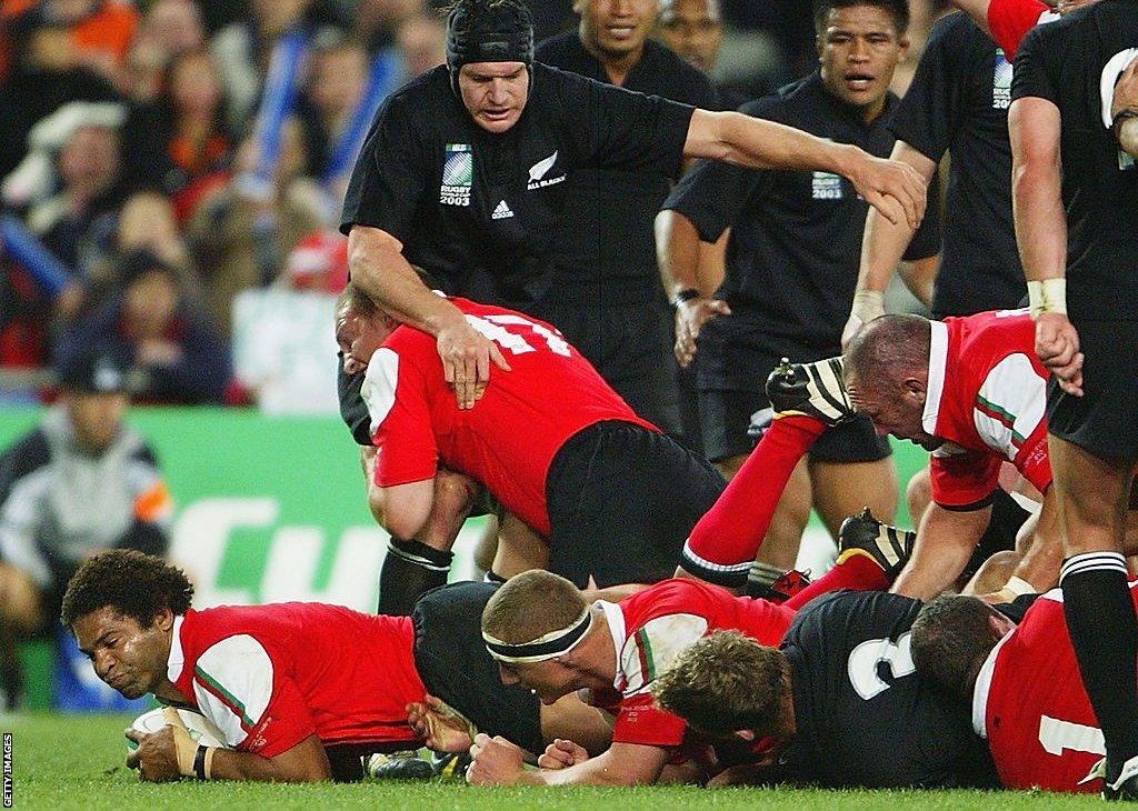 Colin Charvis scores against New Zealand