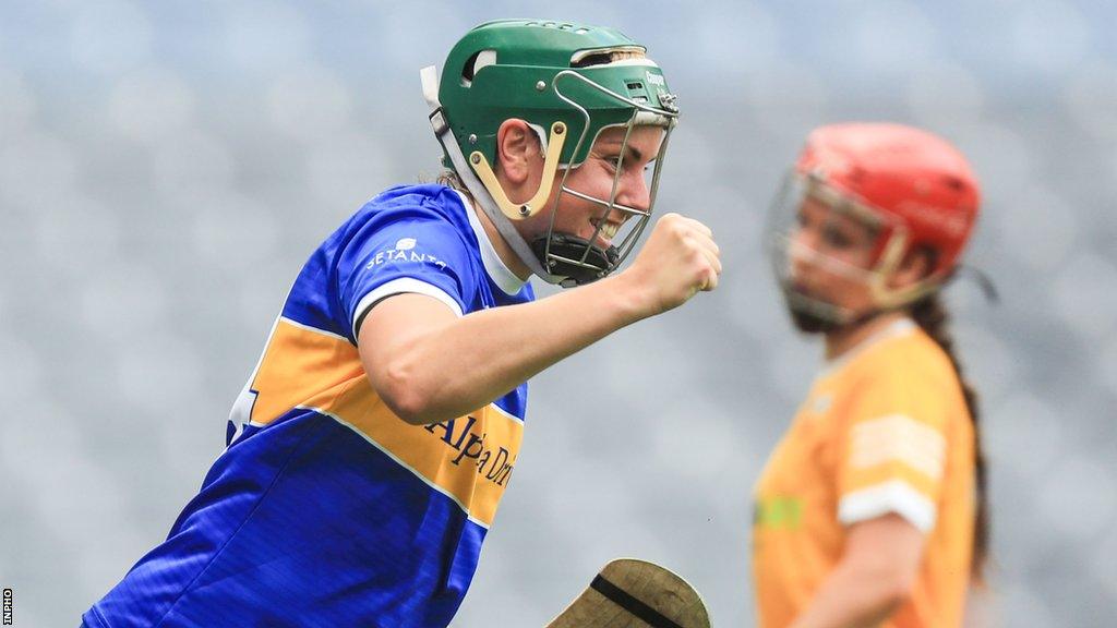 Cait Devane celebrates her first goal against Antrim