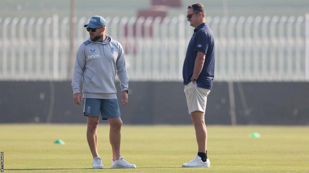 England Test coach Brendon McCullum in conversation with Rob Key