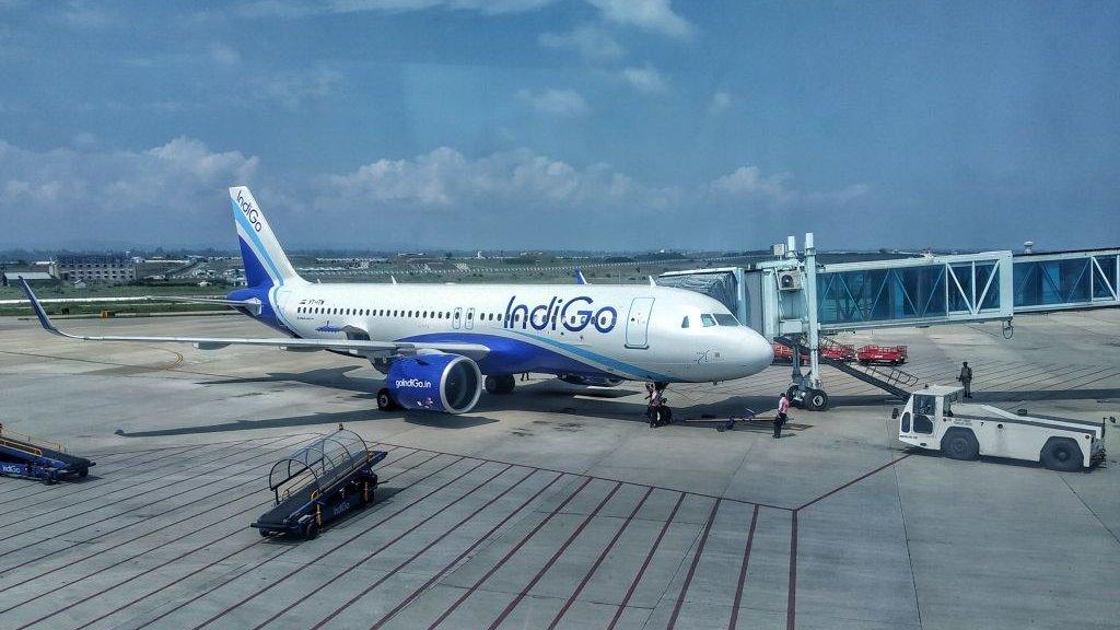 An Indigo Airline is ready for the departure at the Srinagar airport in Jammu and Kashmir.