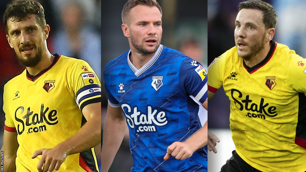 Split image (l to r) of Craig Cathcart, Tom Cleverley and Dan Gosling in action for Watford