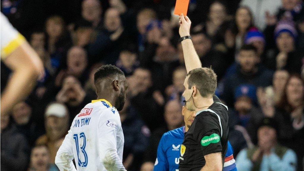 St Johnstone's Diallang Jaiyesimi was sent off at Ibrox following a VAR review