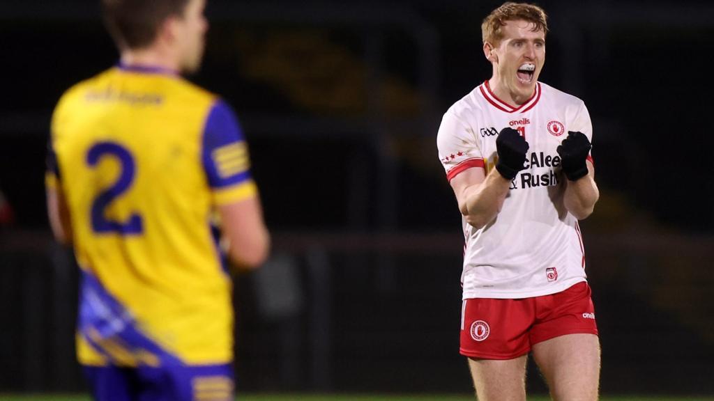 Tyrone skipper Peter Harte shows his delight as the final whistle sounds at Healy Park