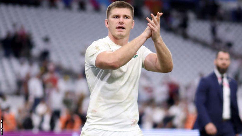 Owen Farrell applauds supporters inside the Stade Velodrome in Marseille after England's quarter-final win over Fiji