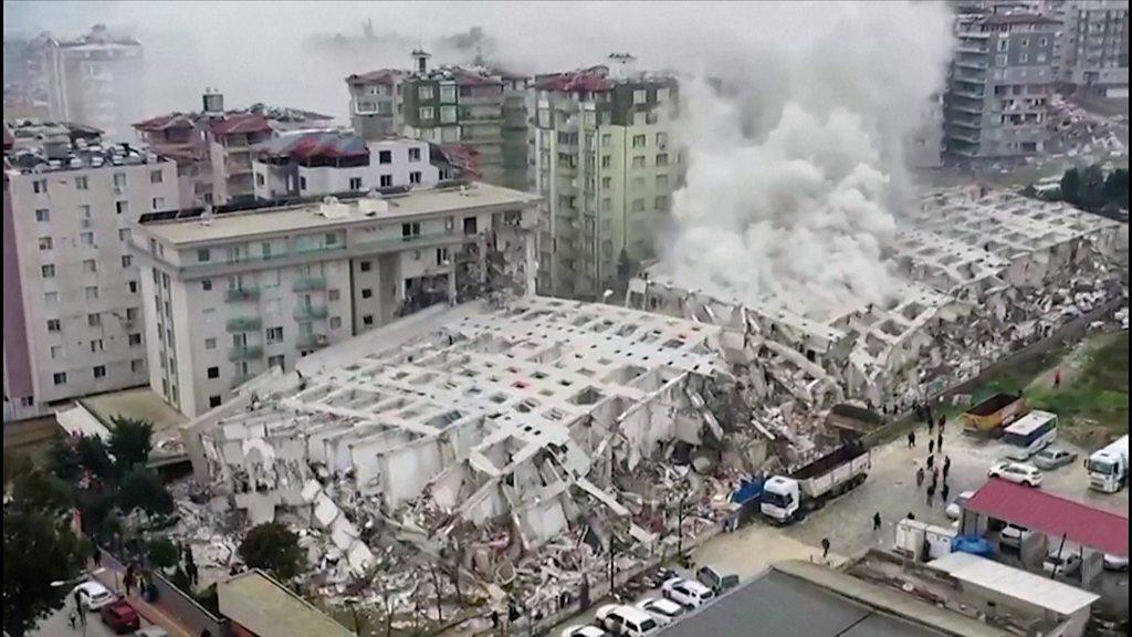 Drone shot of collapsed building in Hatay province, Turkey