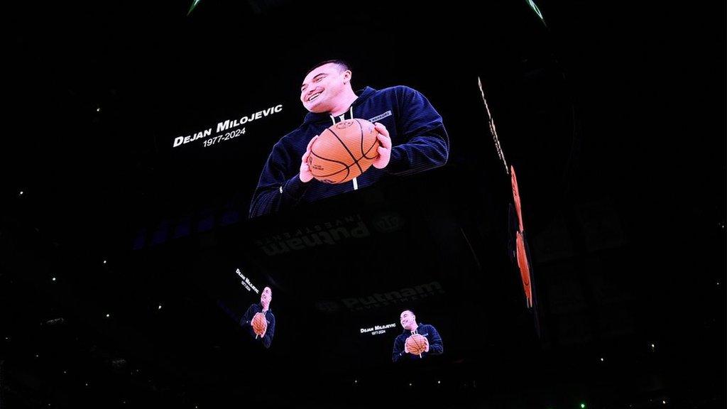 Dejan Milojevic of the Golden State Warriors is honoured during a moment of silence before the game of the Boston Celtics against the San Antonio Spurs