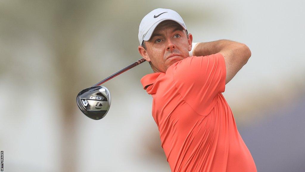 Rory McIlroy of Northern Ireland plays a tee shot