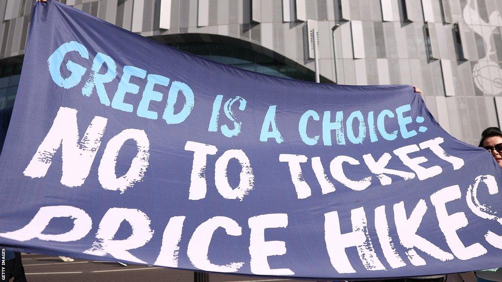 Sign at Tottenham Hotspur fan protest against ticket prices