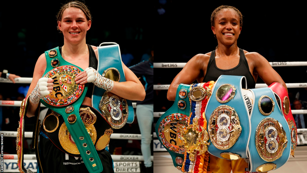 A side-by-side photo of Savannah Marshall and Natasha Jonas posing with their belts after winning world titles on Saturday