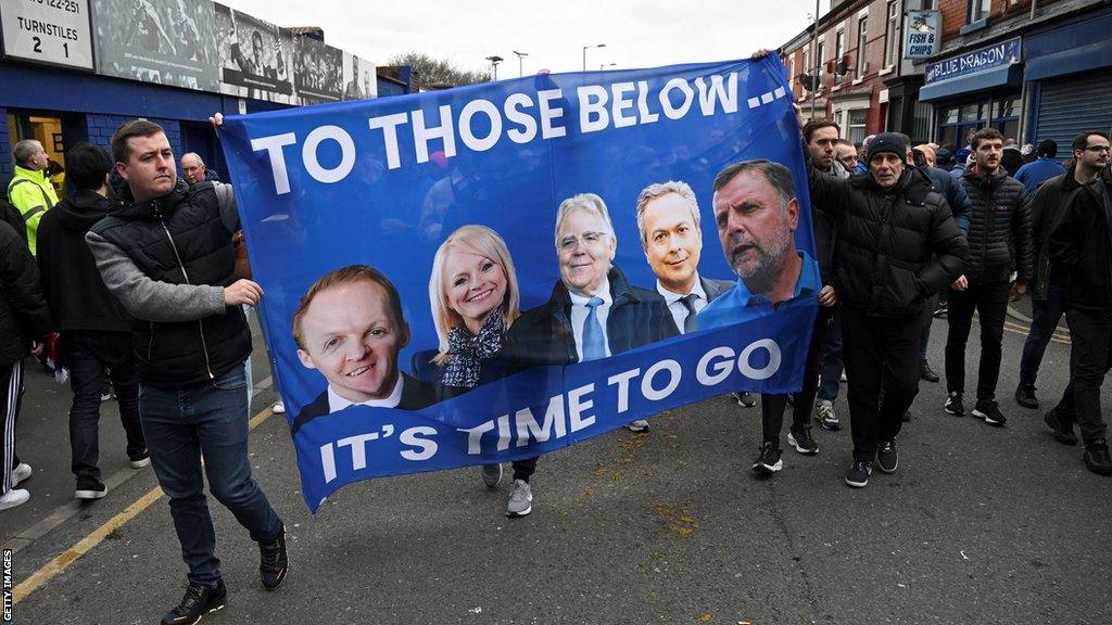 Everton fans holding a protest banner against the board outside Goodison Park