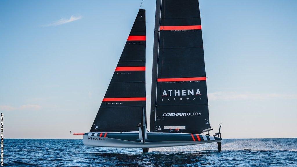 The Athena Pathway AC40 race boat on the water in Barcelona