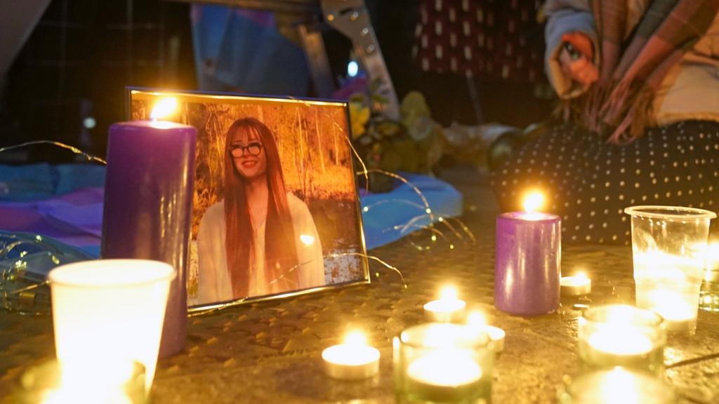 Members of the public attend a candle-lit vigil at the Spire on O'Connell Street in Dublin, in memory of transgender teenager Brianna Ghey on 15 February 2023