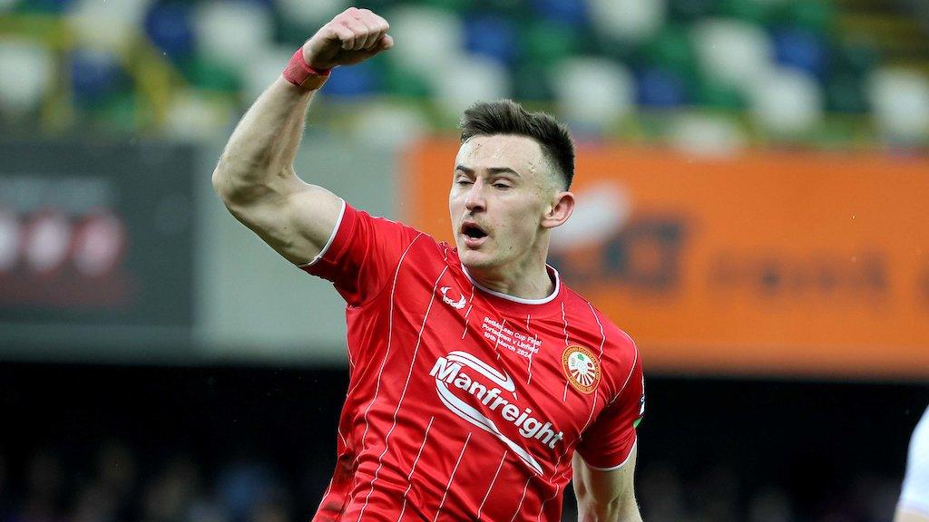 Eamon Fyfe celebrates pulling one back for Portadown in the 3-1 defeat by Linfield