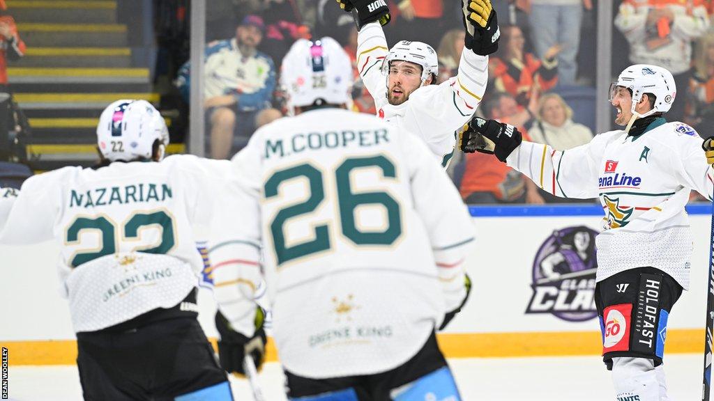 Greg Printz celebrates scoring the winning goal for Belfast Giants