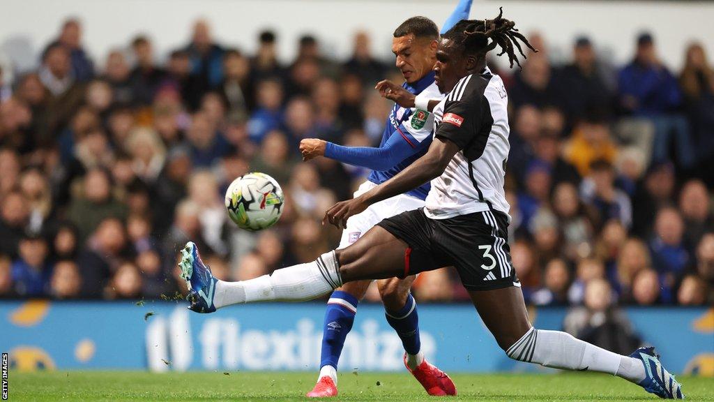 Ipswich Town's Kayden Jackson challenges for the ball during their Carabao Cup tie against Fulham