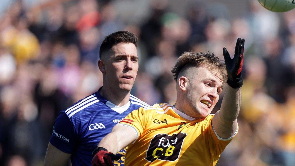 Antrim's Odhran Eastwood and Cavan's Killian Brady were in action at Corrigan Park