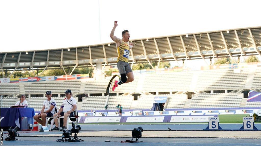 German Paralympic champion Markus Rehm competes at the Charlety Stadium