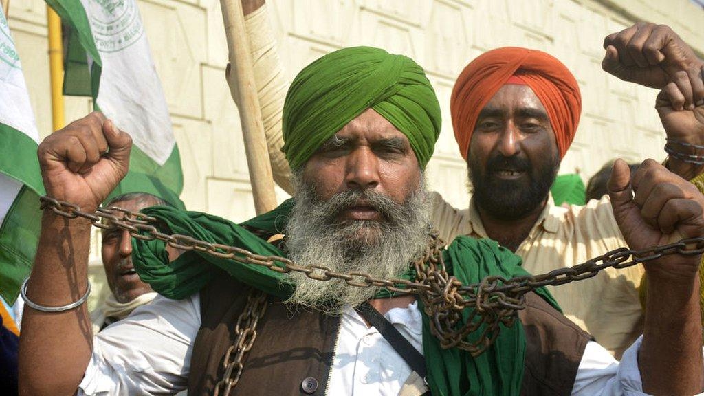 Farmers at a protest on the outskirts of Delhi in India