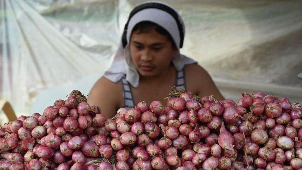 A vendor sells onions at a market in Manila.