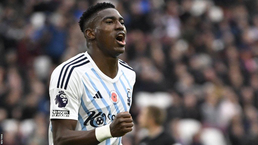 Nottingham Forest striker Taiwo Awoniyi playing for the club in a Premier League fixture