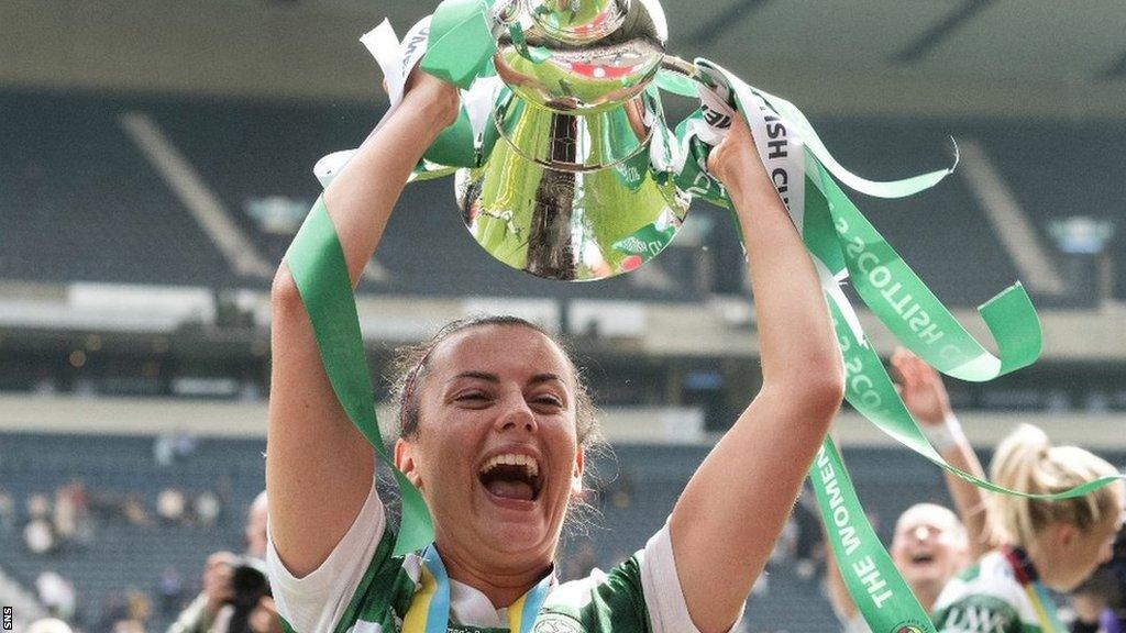 Celtic player Amy Gallacher celebrates with the Women's Scottish Cup trophy