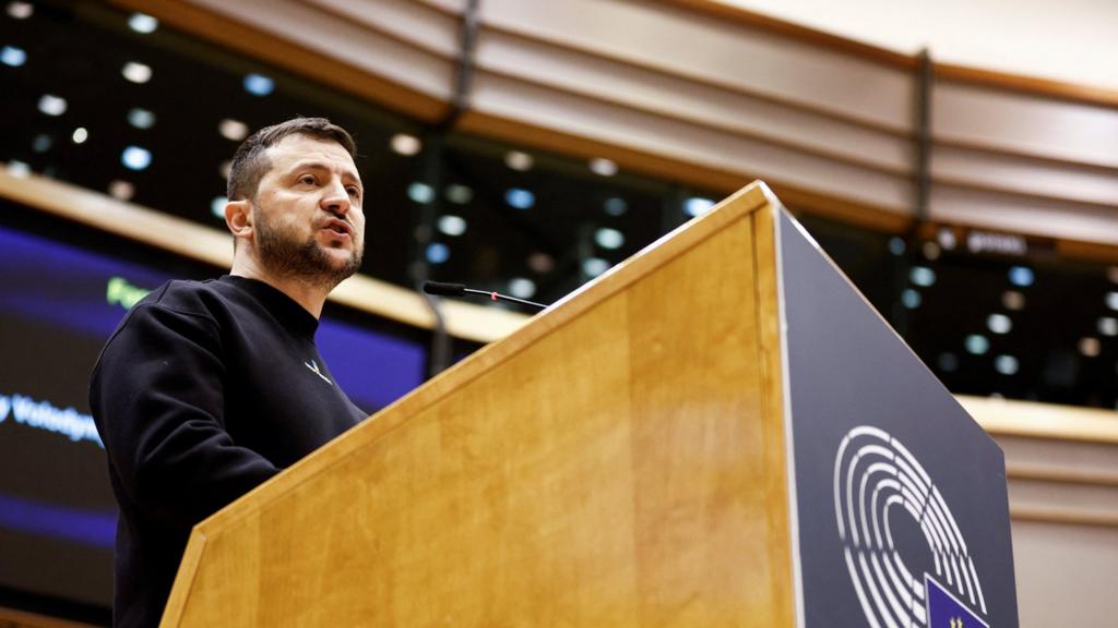 Ukraine's President Volodymyr Zelensky speaks in Brussels