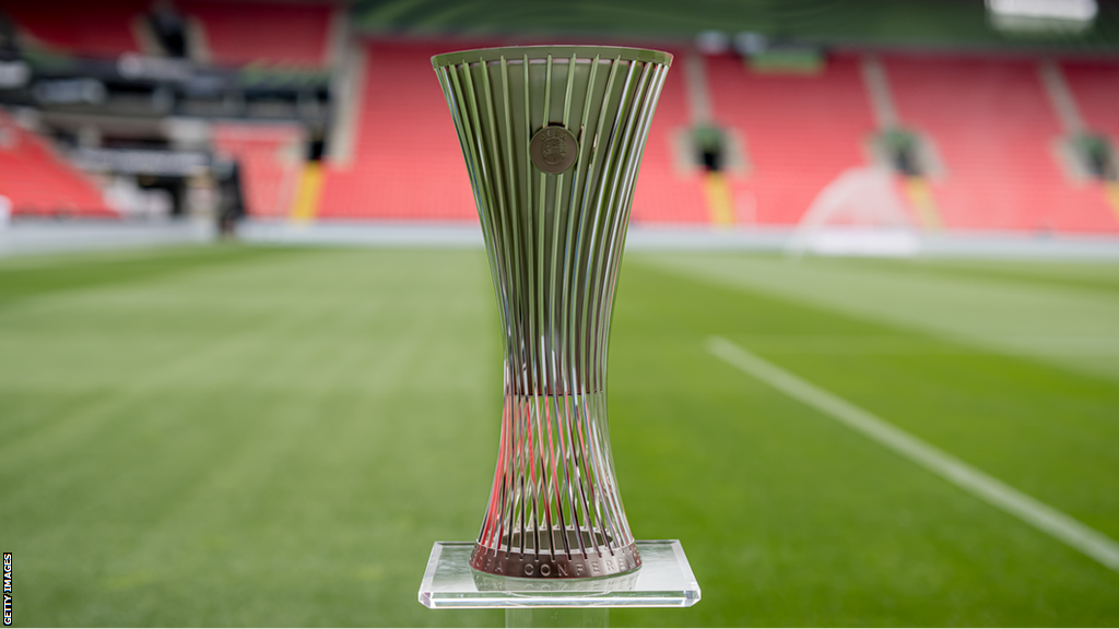 The Europa Conference League trophy on display in Prague