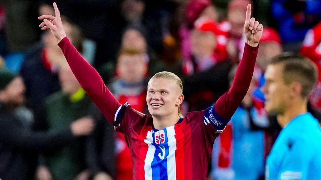 Erling Haaland celebrates for Norway