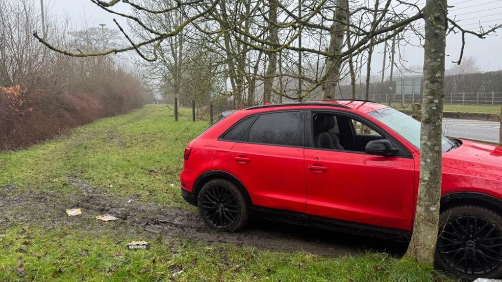 An image of a red Audi car that has crashed into a grass verge in Derbyshire