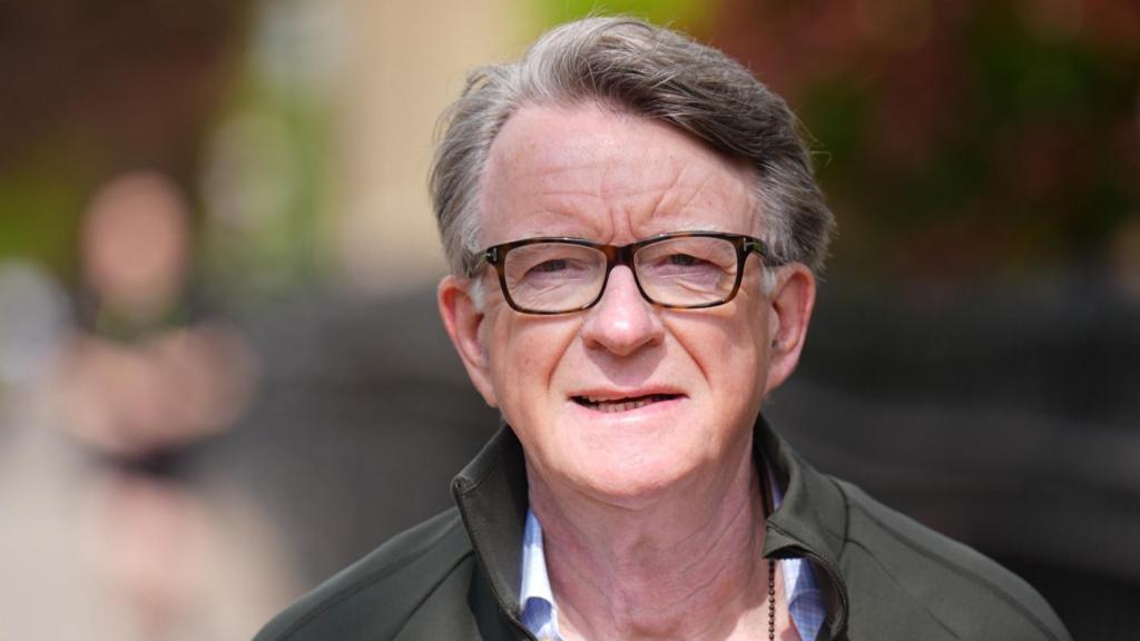 Peter Mandelson pictured walking his dog on Tuesday