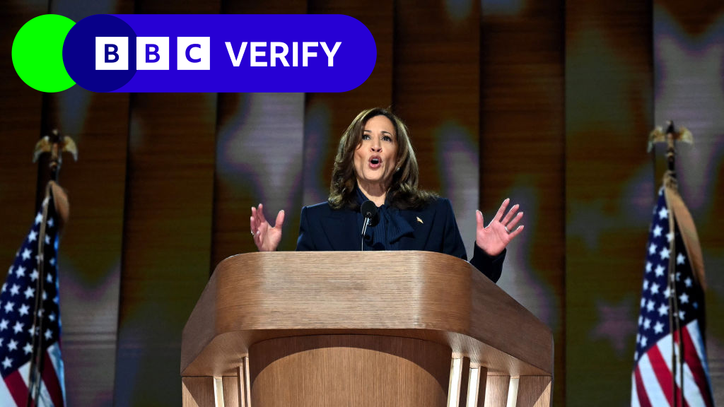 Kamala Harris speaking at the Democratic National Convention in Chicago.