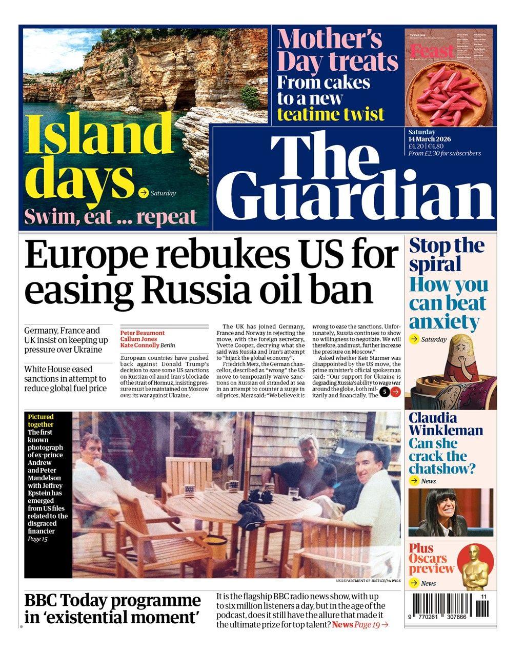 Titulli në faqen e parë të gazetës Guardian thotë: “Evropa qorton SHBA-në për lehtësimin e ndalimit të naftës nga Rusia”.