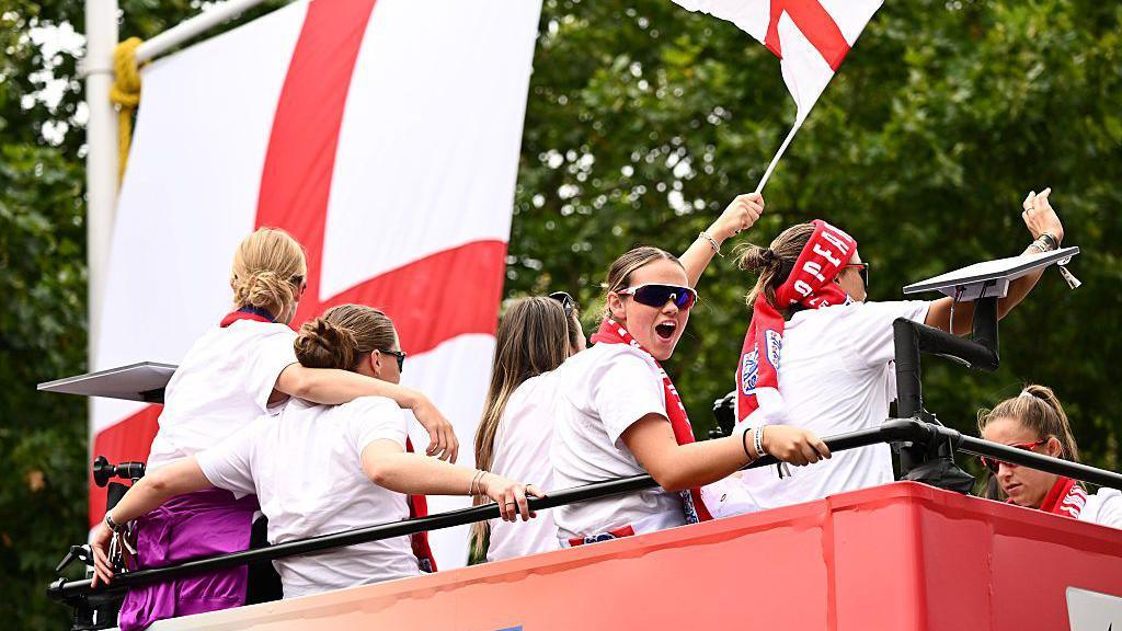 Grace Clinton of England reacts during the England Women's parade