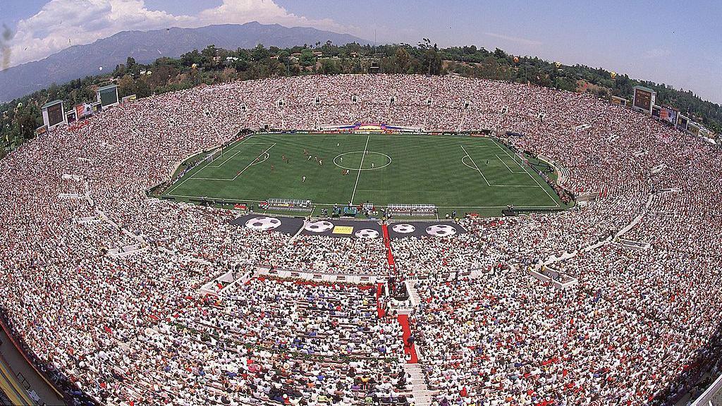 Overall view of field and stadium during USA vs China match at Rose Bowl Stadium