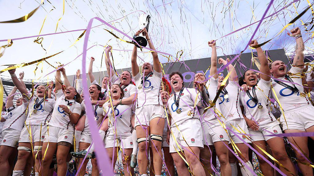 England lifting 2025 Women's Six Nations trophy.