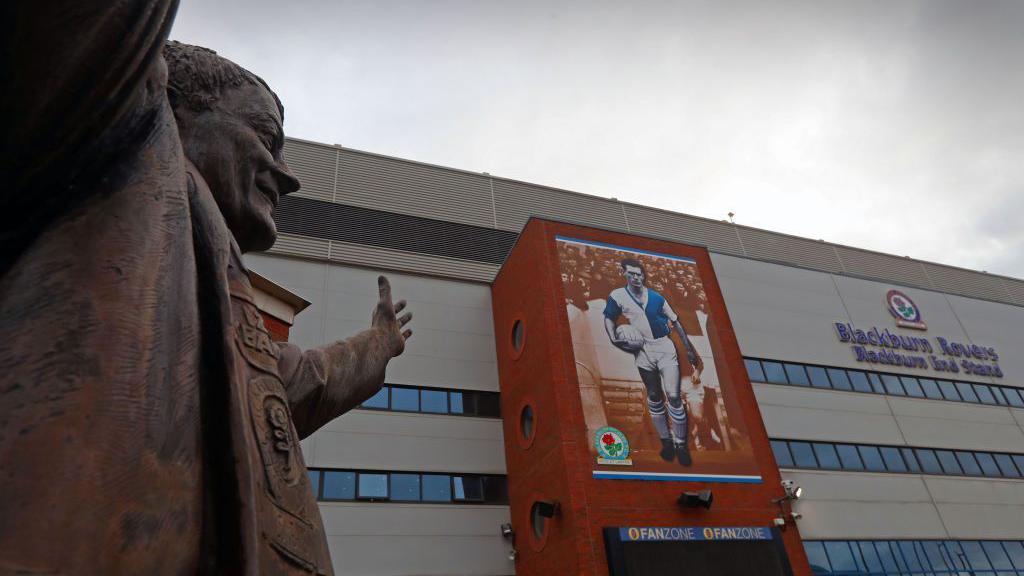 General view of Ewood Park, the home of Blackburn Rovers, from the side of the Jack Walker statue