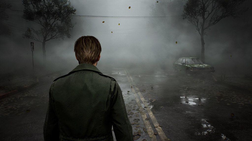 A male character wearing an olive jacket is seen from behind as he walks into a very foggy, ominous scene. The view is obscured but road markings, two skeletal trees and an an abandoned car can be seen. Leaves, frozen in the air in this still, suggest a windy atmosphere. 