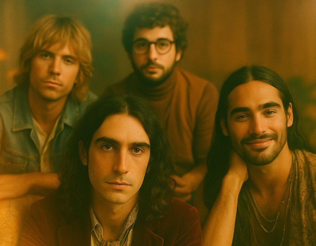 A 'press shot' of the band shows the four of them all looking at the camera while posing together. The image has a warm brownish hue to it.